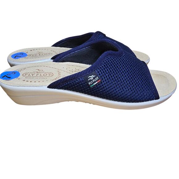 Fly Flot Italian Navy Wedge Slide Sandals Anatomic Mesh Womens 7.5 EU 38 - Picture 2 of 8